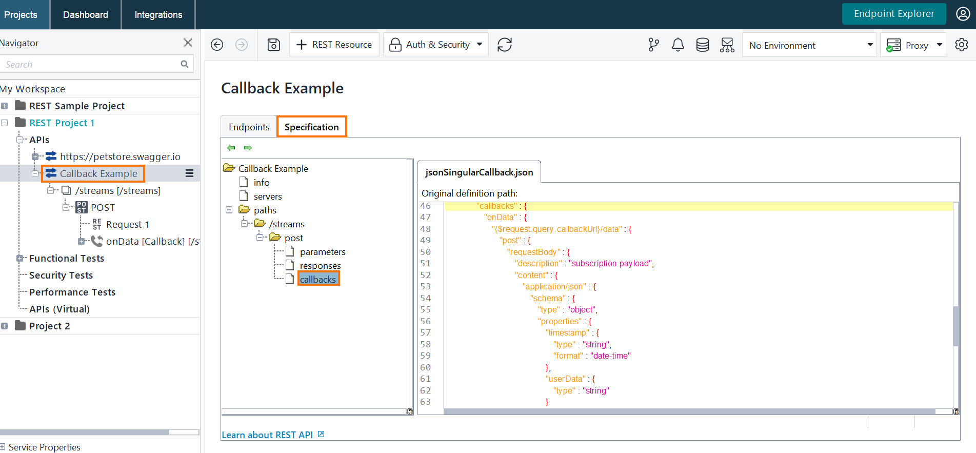 Callbacks shown under REST methods in ReadyAPI's Navigator after importing an API with callback definitions