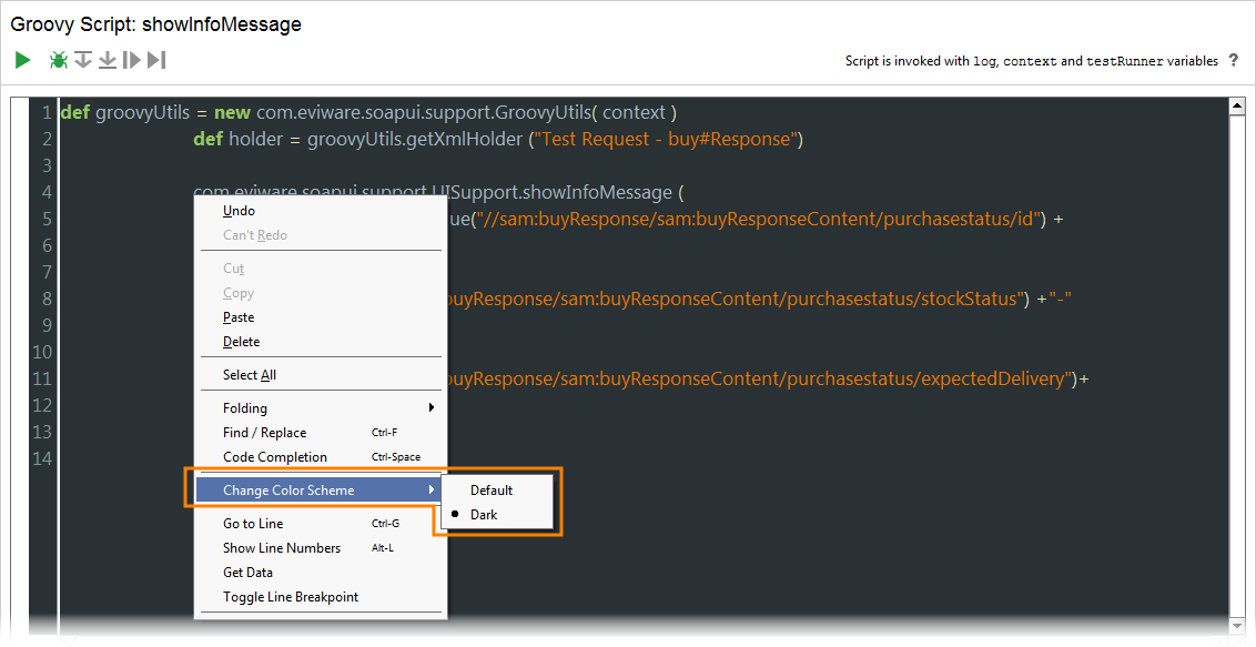 Testing API with ReadyAPI: Dark color scheme for script editor