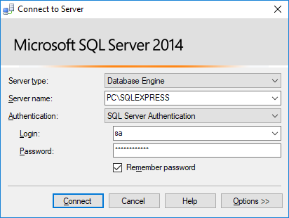 SQL Server Management Studio: Connect to Server dialog