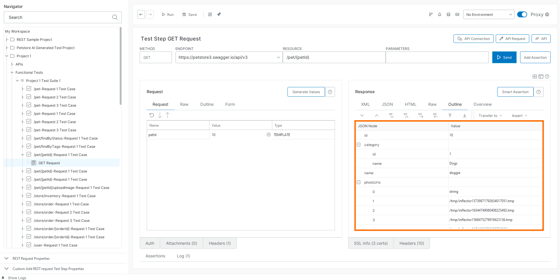 Response Outline View for GET Request ReadyAPI response panel displaying a hierarchical JSON response in Outline view after executing a GET request.