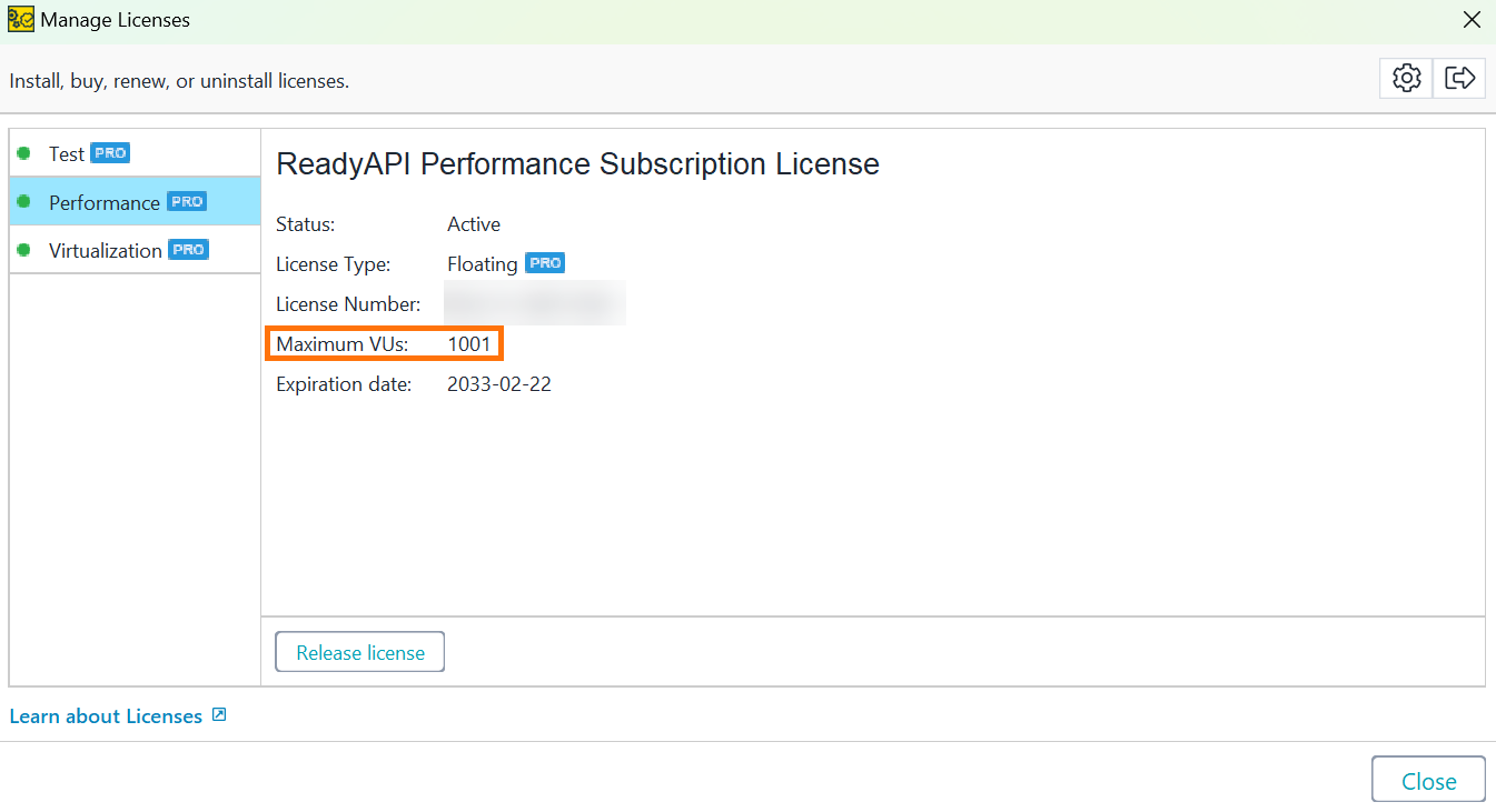 Screenshot of ReadyAPI showing an active Performance subscription license with floating type, license number, expiration date, and maximum VUs set to 1001.