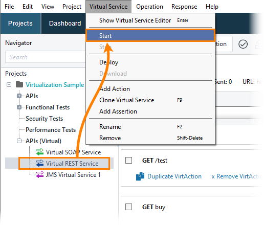 Service virtualization and API testing: Running virtual service from the main menu
