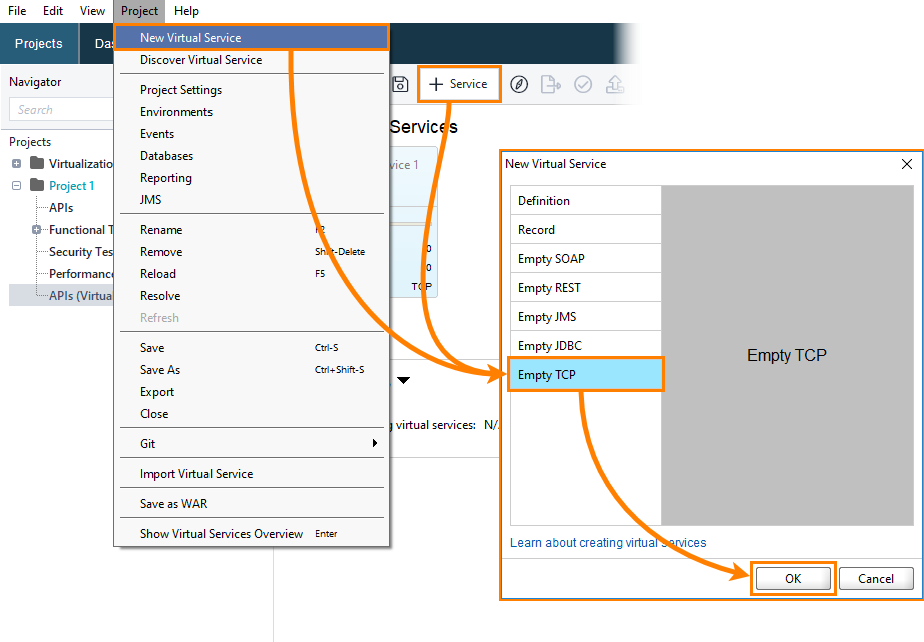 Create a new TCP virtual service Create a new TCP virtual service