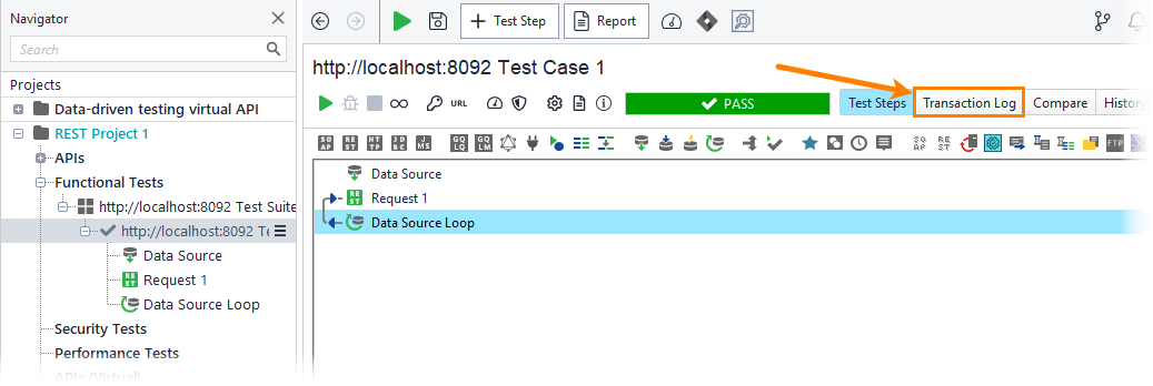 ReadyAPI: Opening the transaction log ReadyAPI: Opening the transaction log