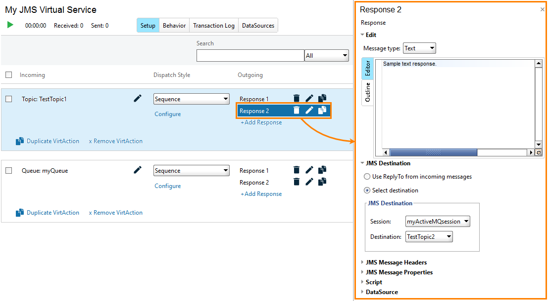 Service virtualization and API testing: Properties of outgoing messages (responses)