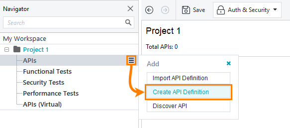 API testing: Creating API definition via flyout menu