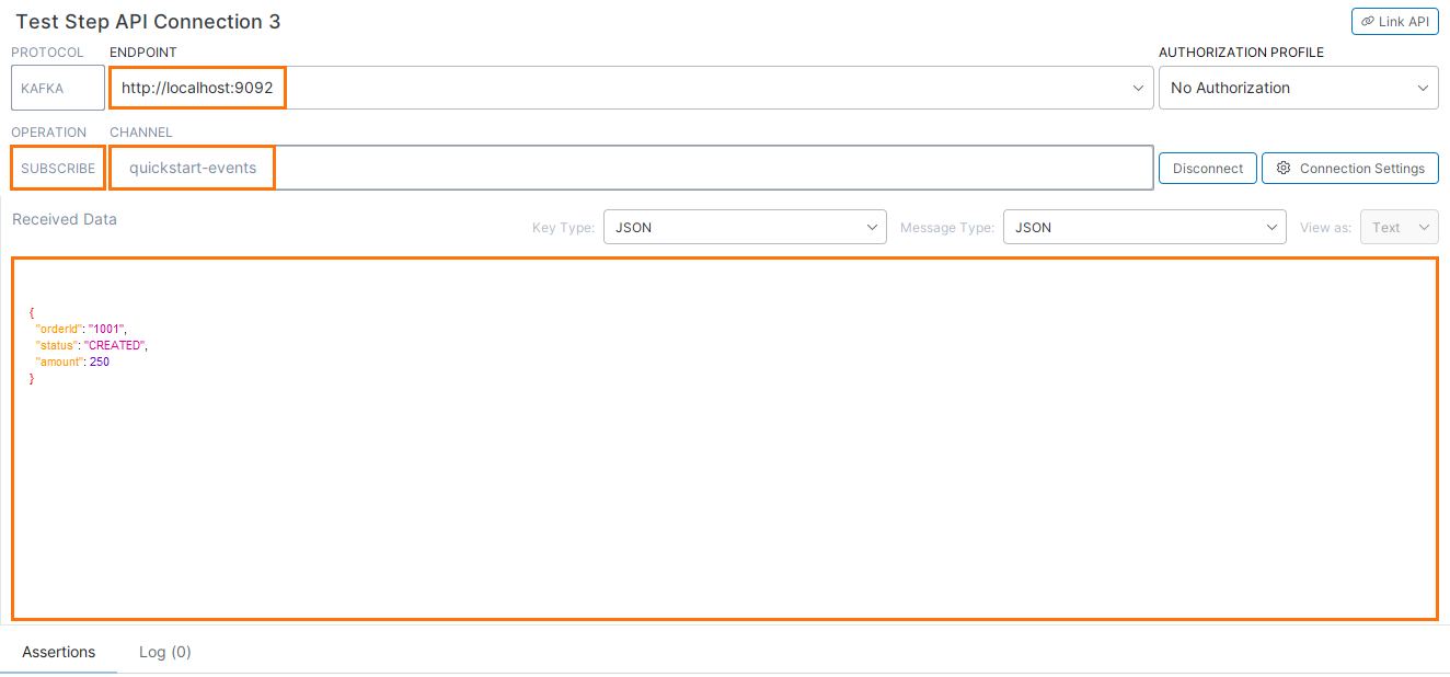ReadyAPI Kafka test step in subscribe mode displaying a received JSON message from a topic.