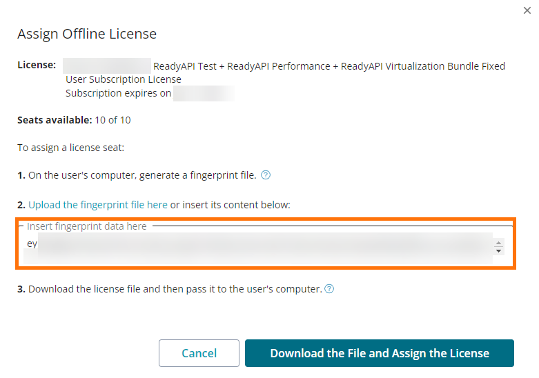 Screenshot of the SmartBear Licensing Portal showing the Assign Offline License dialog where the administrator inserts the user’s fingerprint data to generate a license file.