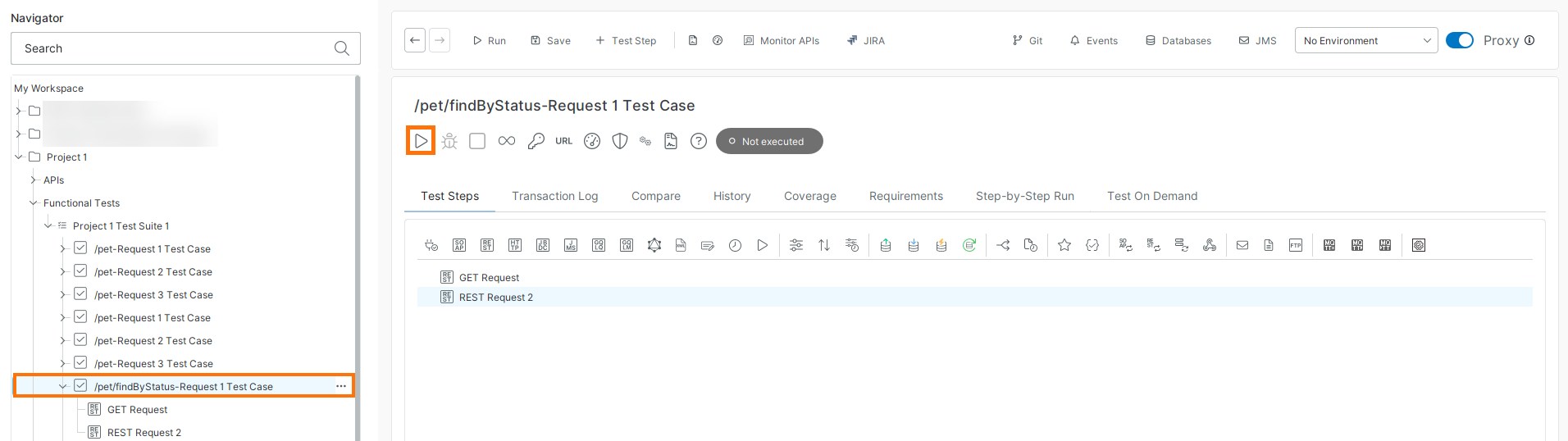 Run a test case from editor in ReadyAPI ReadyAPI Navigator with a test case selected and the Run button highlighted to execute all test steps in the test case.