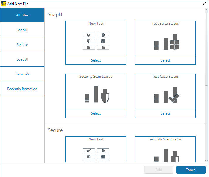 ReadyAPI Interface: The Add New Tile Dialog ReadyAPI Interface: The Add New Tile Dialog