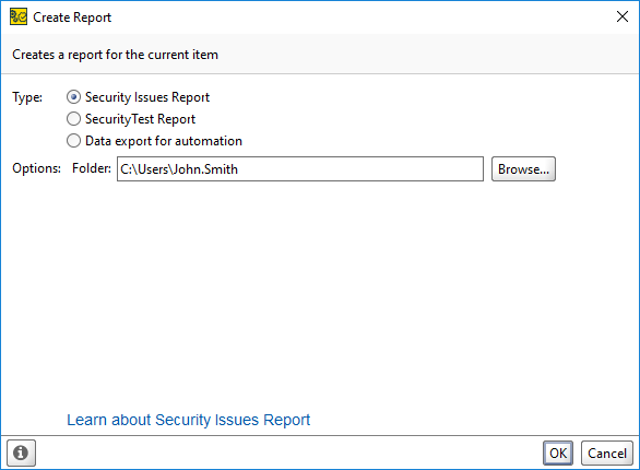 ReadyAPI: The create report dialog