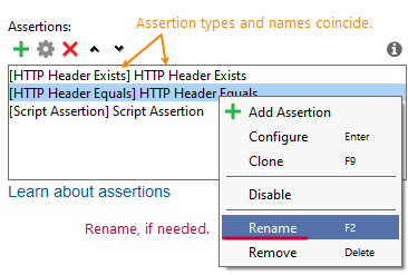 Service virtualization and API testing: Assertion names and types