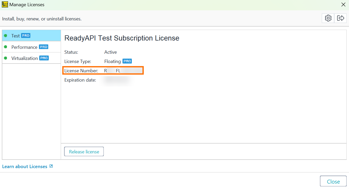 ReadyAPI Manage Licenses dialog with an active Test Subscription Floating License and the license number highlighted.