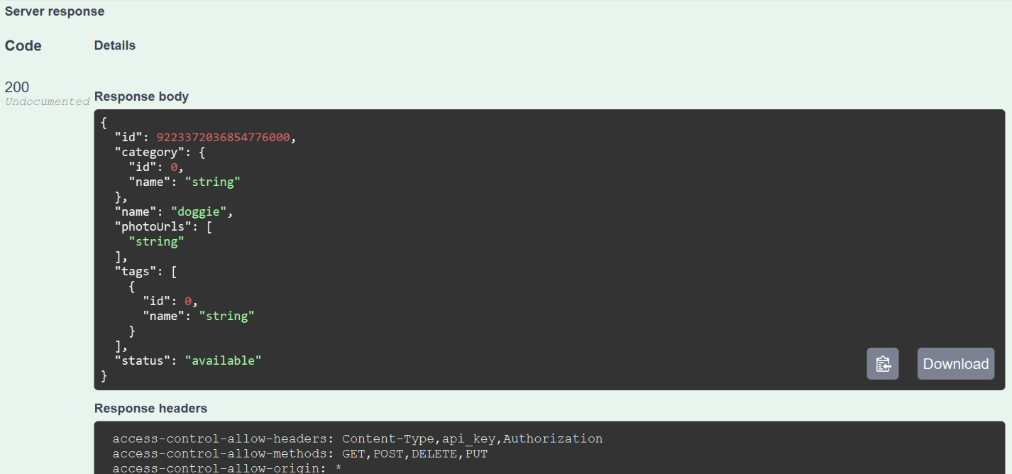 Server response section showing a 200 response code with a JSON response body confirming a new pet was added, with name "doggie" and status "available".