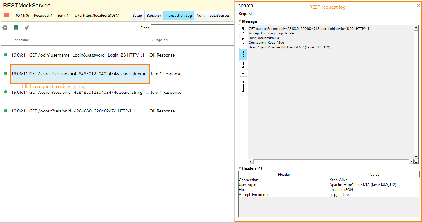 Service virtualization and API testing: REST request log
