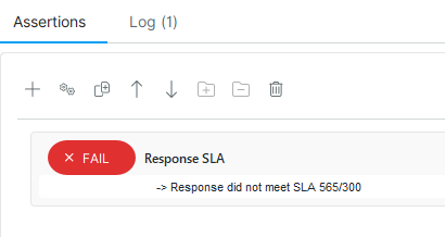 ReadyAPI Assertions: Response SLA Failed ReadyAPI assertions panel showing a failed Response SLA assertion with error message.