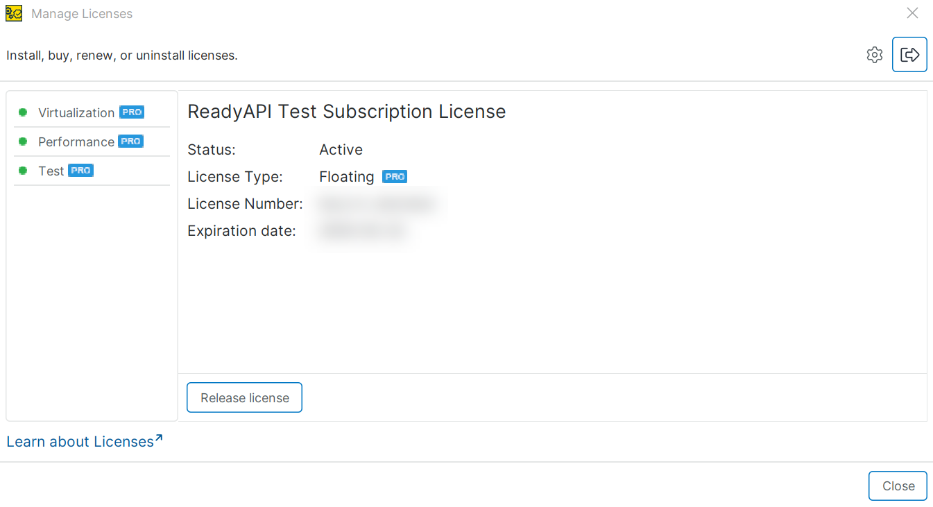 Manage Licenses: Active Floating License ReadyAPI Manage Licenses dialog showing an active floating Test subscription license with license details.