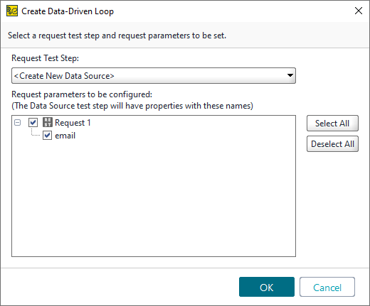 ReadyAPI: Create Data-Driven Loop dialog ReadyAPI: Create Data-Driven Loop dialog