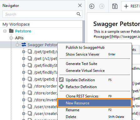 REST API testing: Add REST resource via context menu