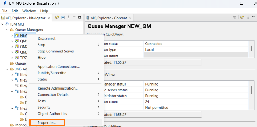 Right-click menu on queue manager showing Properties option in IBM MQ Explorer