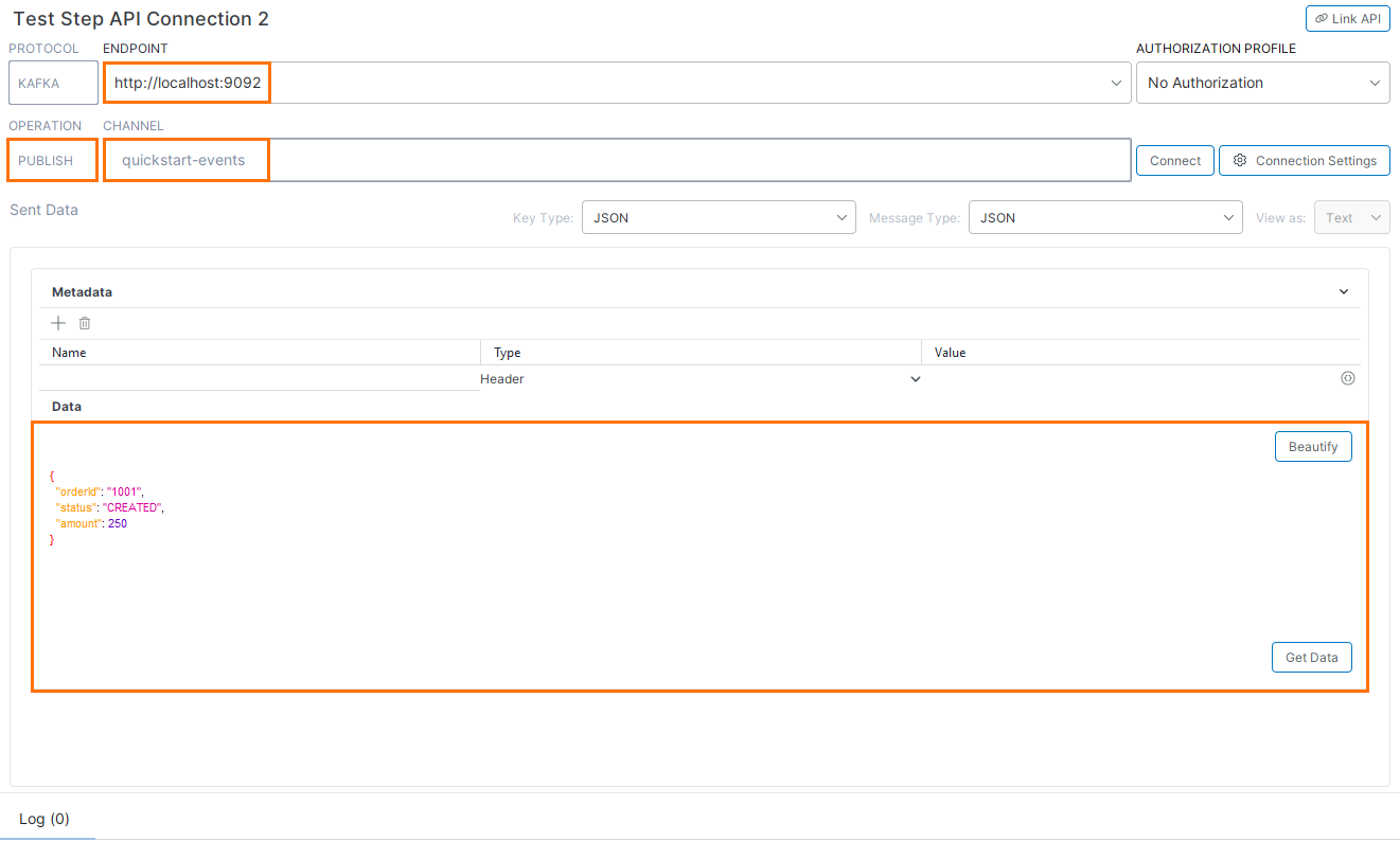Kafka API Connection test step in Publish mode showing endpoint localhost:9092, channel quickstart-events, and editable JSON payload