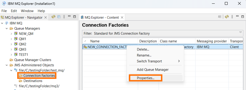 Right-click menu on Connection Factories under Initial Context showing Properties option in IBM MQ Explorer