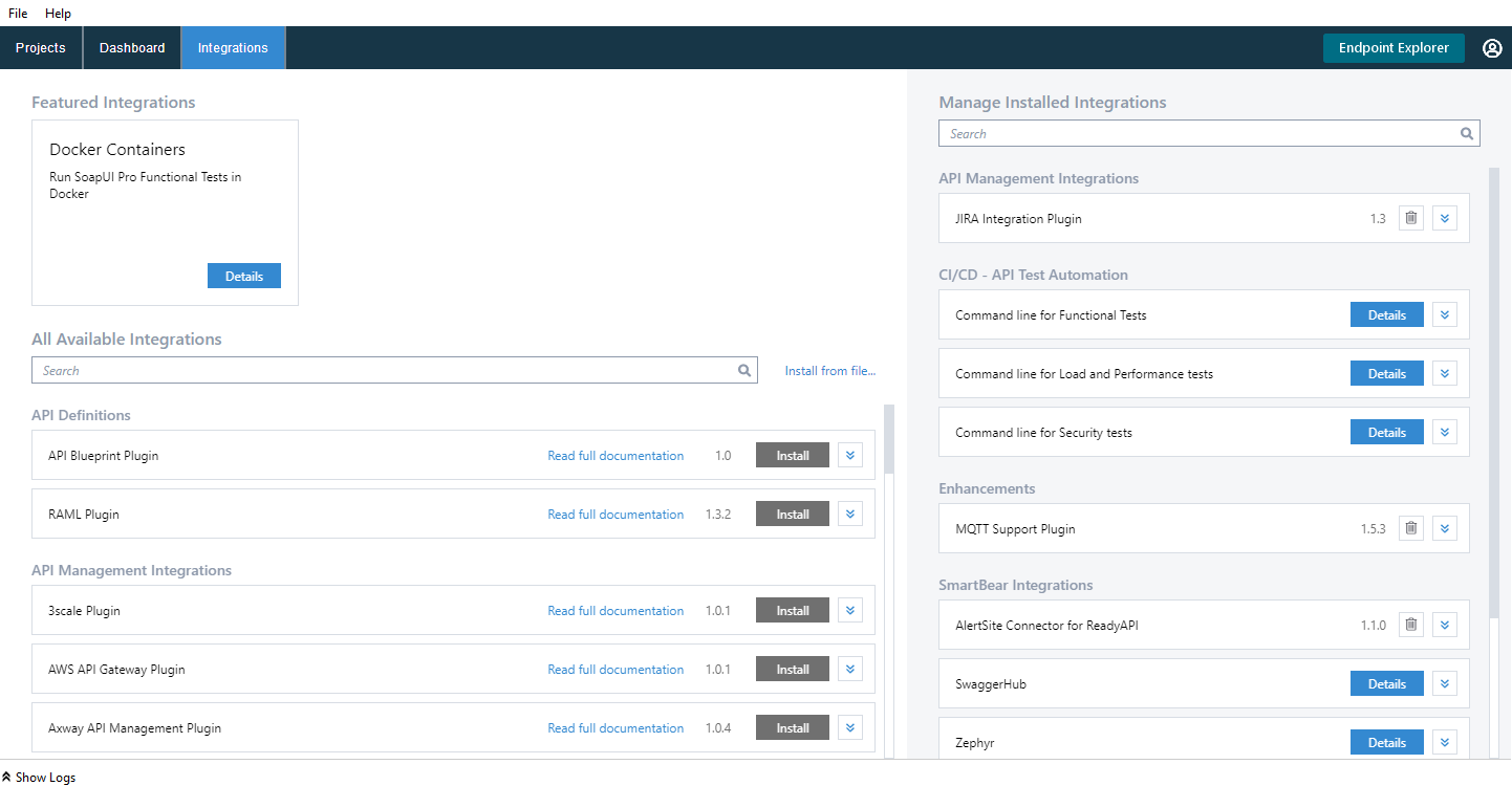 ReadyAPI Integrations tab ReadyAPI Integrations tab