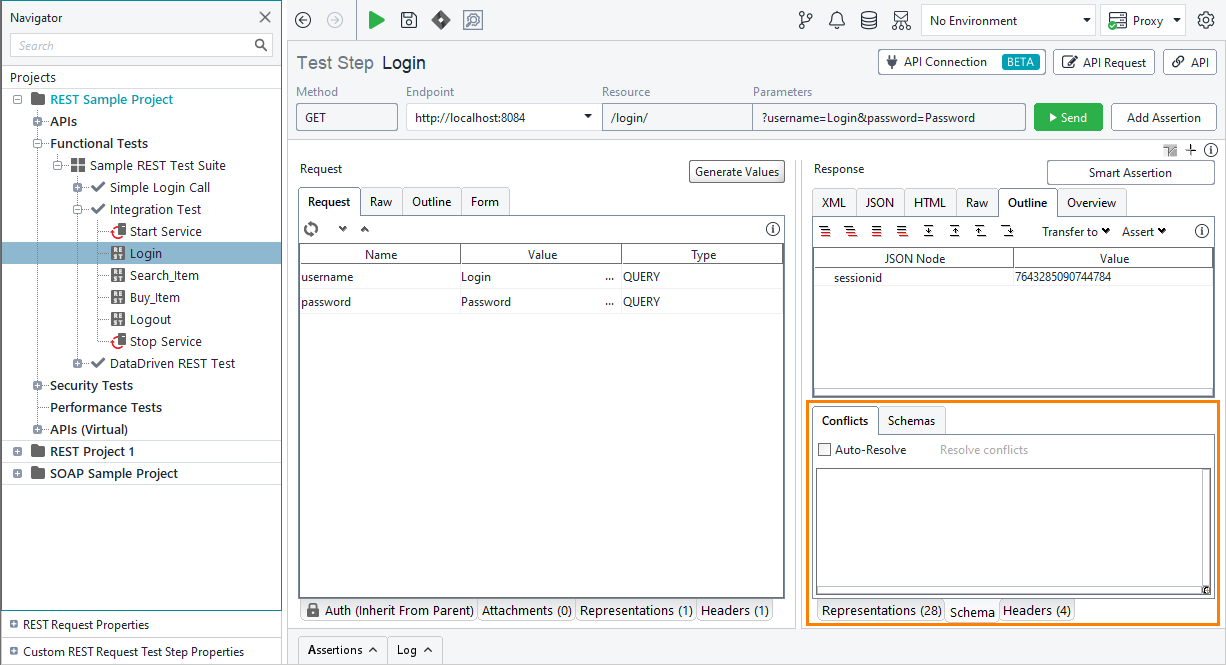 ReadyAPI: The Conflicts tab of the Schema panel