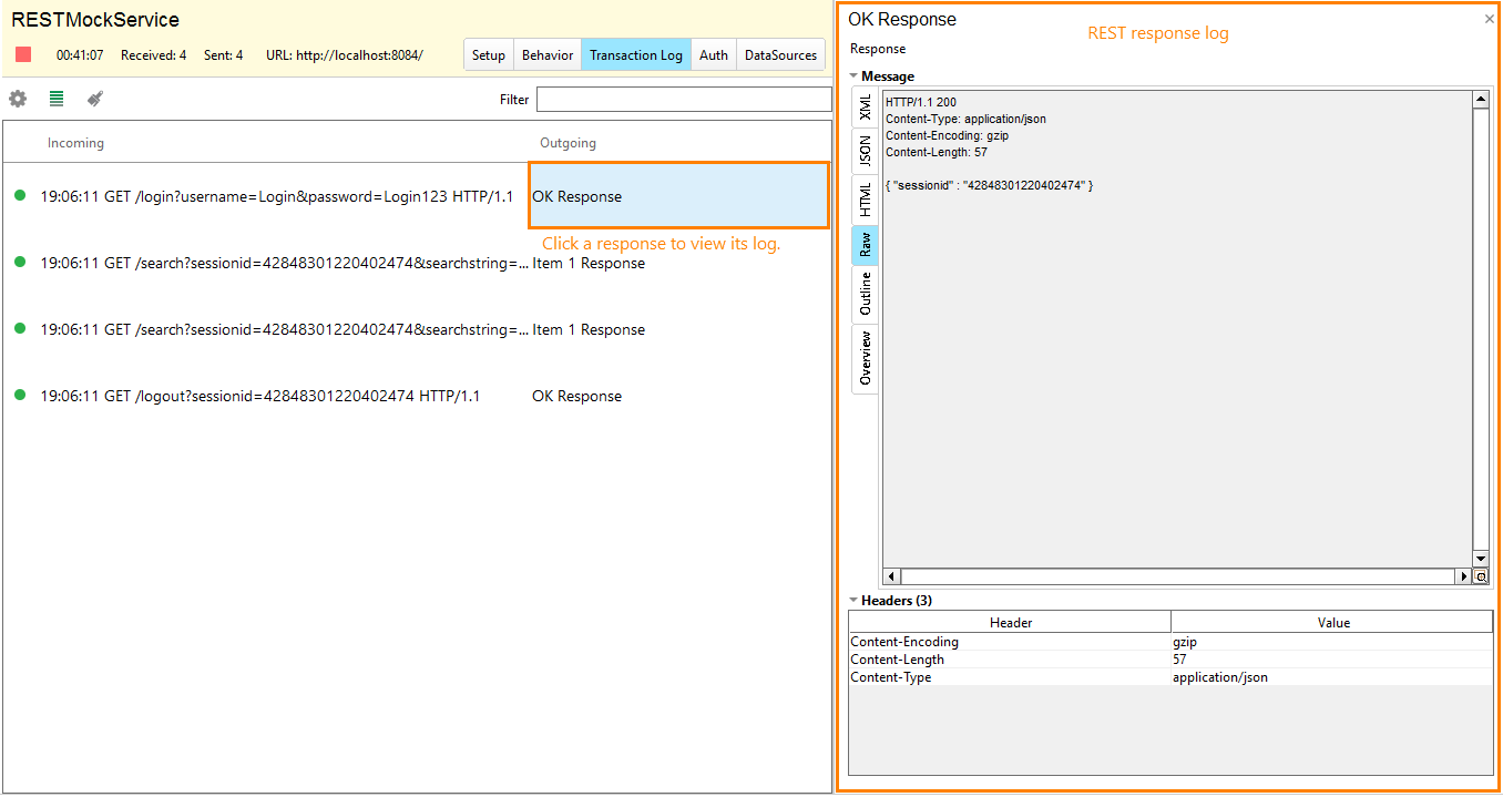 Service virtualization and API testing: REST response log
