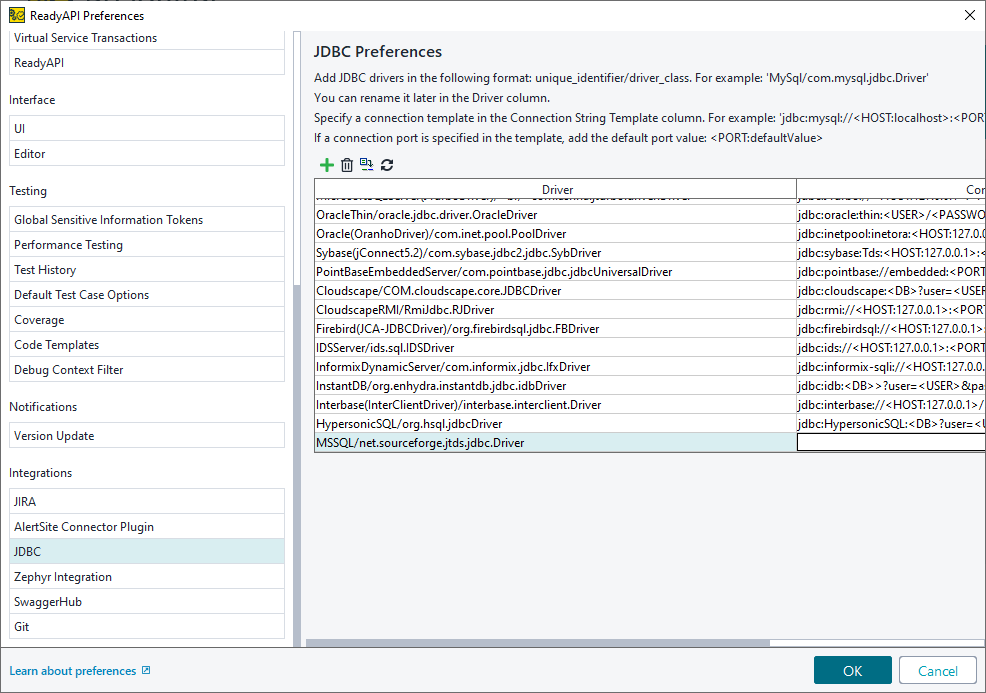 ReadyAPI: The JDBC connections list with the new connection ReadyAPI: The JDBC connections list with the new connection