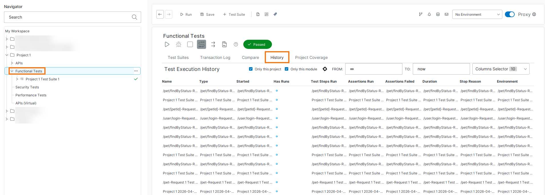 History tab showing test execution results at the project level in ReadyAPI.