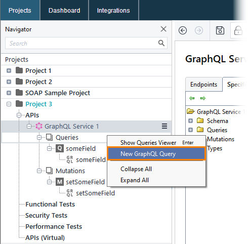 GraphQL testing: Add query or mutation via context menu