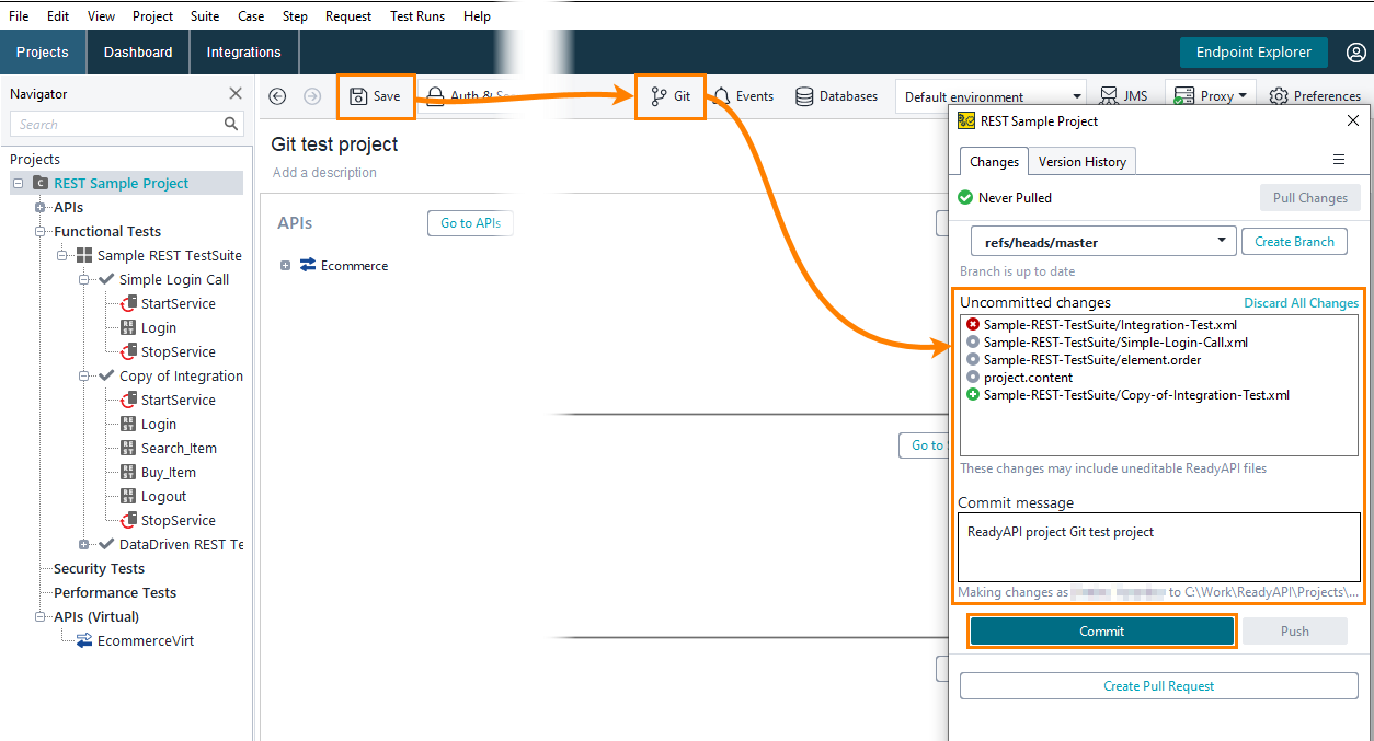 Git integration in ReadyAPI: Commit changes in Git panel Git integration in ReadyAPI: Commit changes in Git panel