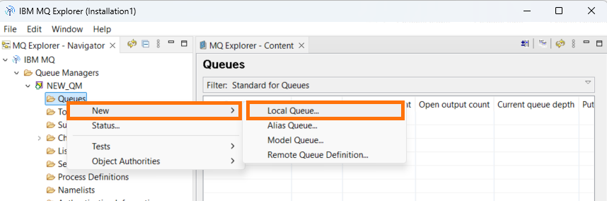 Context menu for creating a new local queue in IBM MQ Explorer
