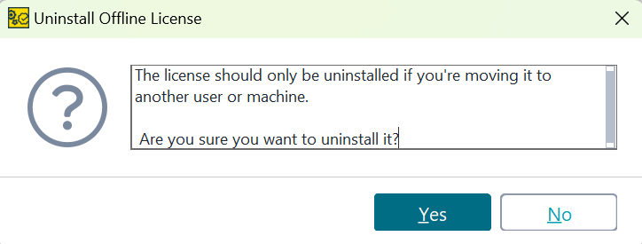Screenshot of ReadyAPI showing a confirmation dialog asking if you want to uninstall the offline license, with options Yes or No.
