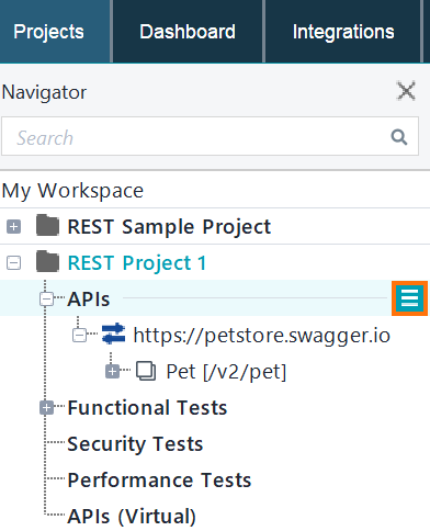 ReadyAPI interface showing the hamburger menu for the APIs node in the Navigator