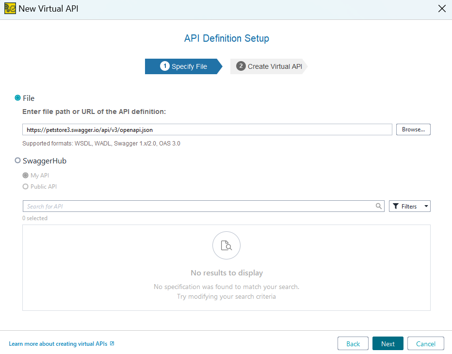 Service virtualization and API testing: Select a Swagger, WADL or WSDL file for your new virtual service