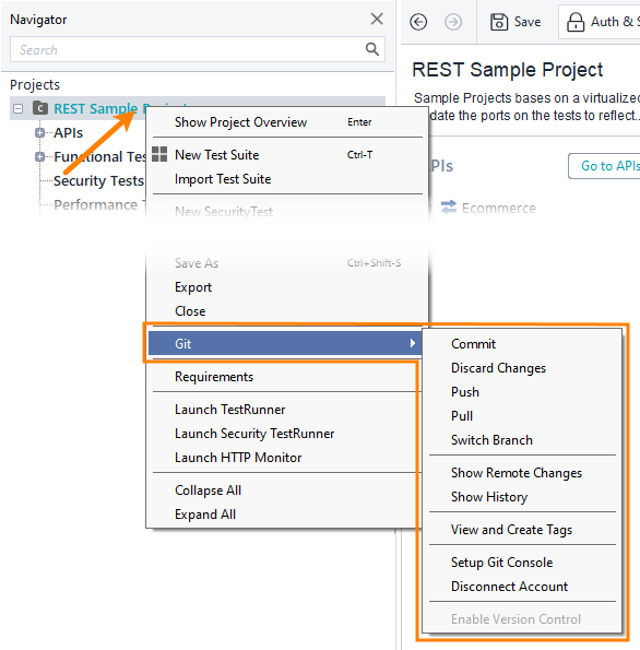 Git integration items in the context menu