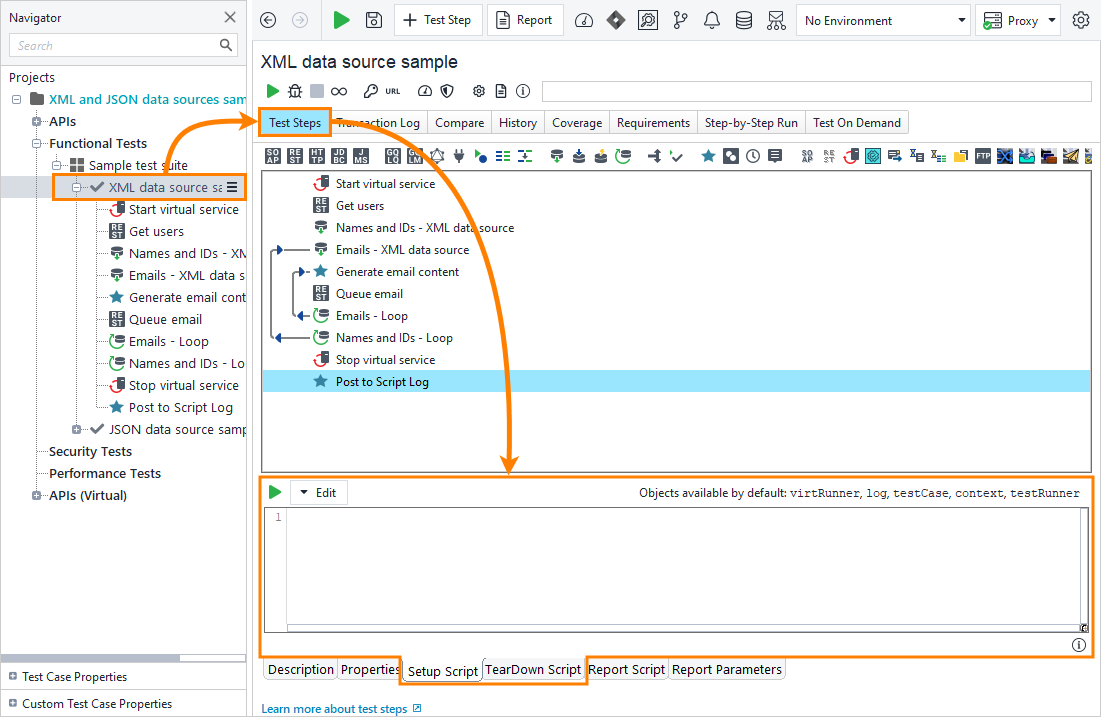 Test case-level setup and teardown editors