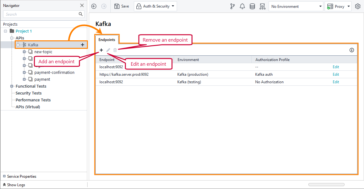 Testing Kafka APIs in ReadyAPI: The Endpoints page