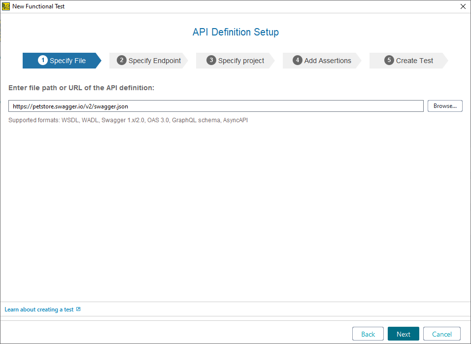 Creating API functional tests in ReadyAPI: Enter web service definition