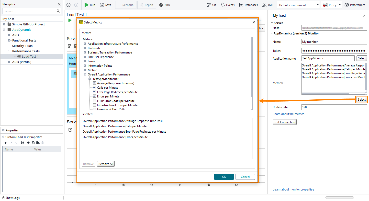 Select metrics in the AppDynamics monitor Select metrics in the AppDynamics monitor