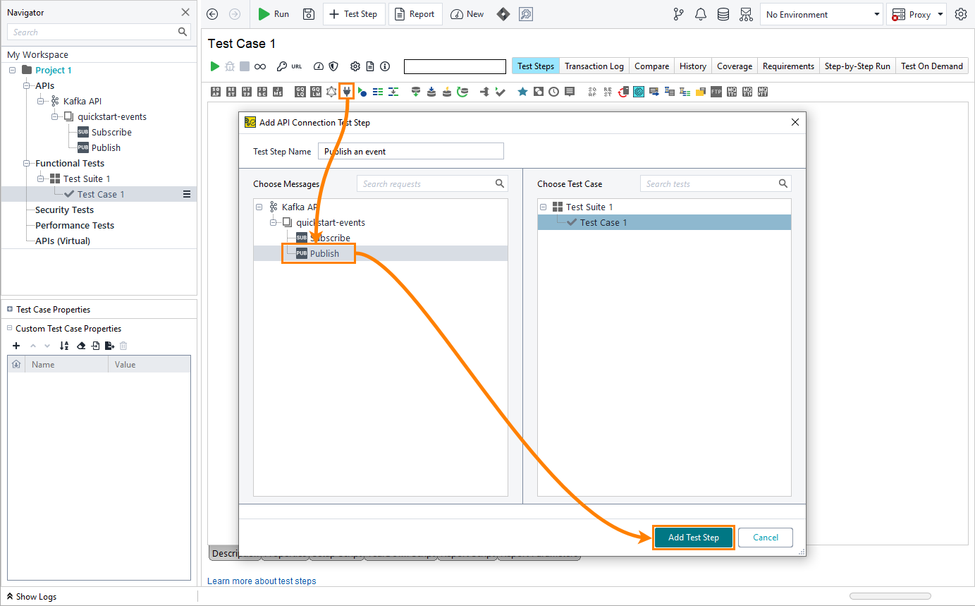 Kafka testing in ReadyAPI: Adding the API Connection test step