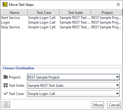 Move Test Steps dialog Move Test Steps dialog