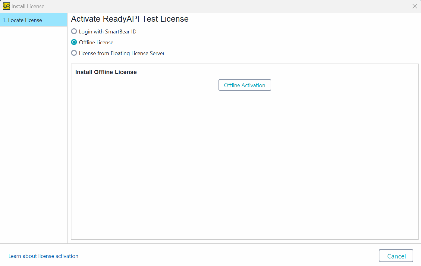 Screenshot of ReadyAPI showing the option to install an offline license.