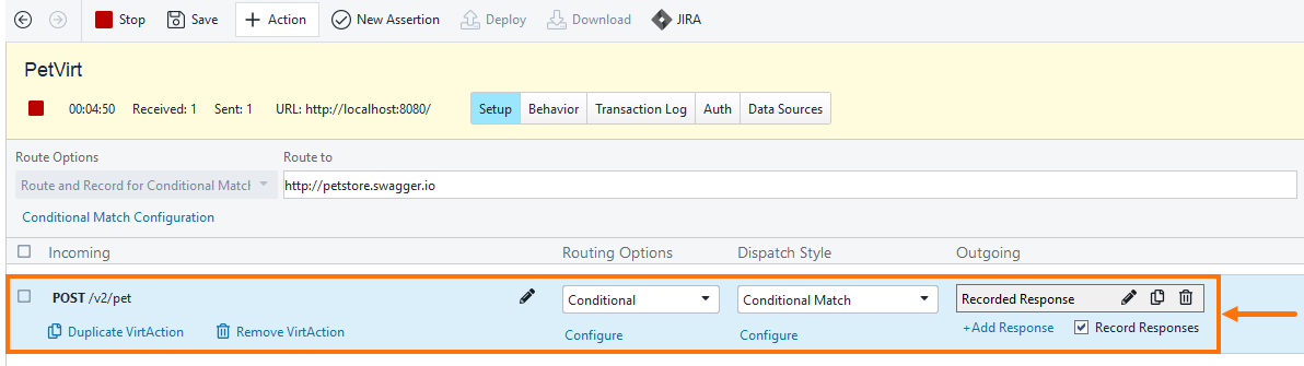 Service editor showing a newly created virtual operation
