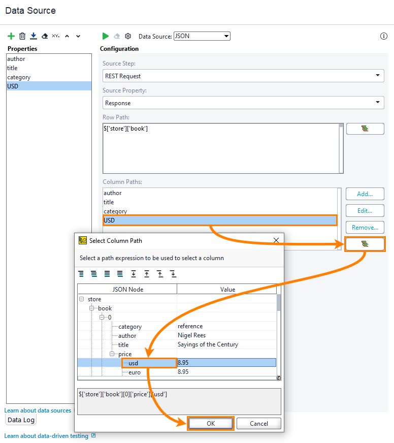 Configuring JSON data source: Specify Column Path Configuring JSON data source: Specify Column Path