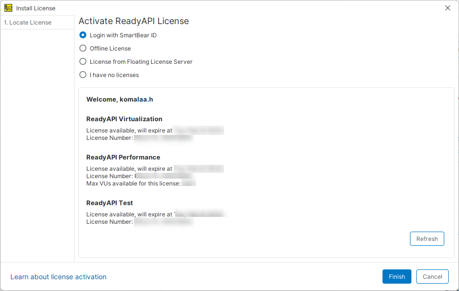 Screenshot of ReadyAPI showing the Install License dialog after logging in with a SmartBear ID, displaying available licenses for ReadyAPI Test, ReadyAPI Performance, and ReadyAPI Virtualization.