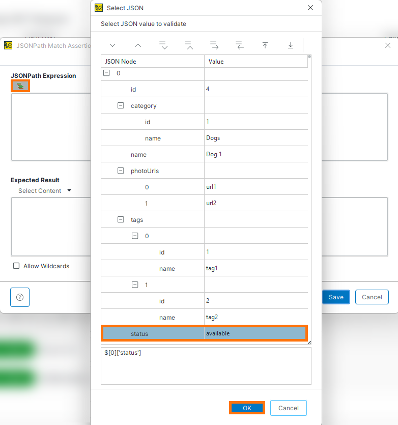 JSONPath Assertion: Select JSON Value ReadyAPI Select JSON dialog highlighting a selected JSON node value and OK button.