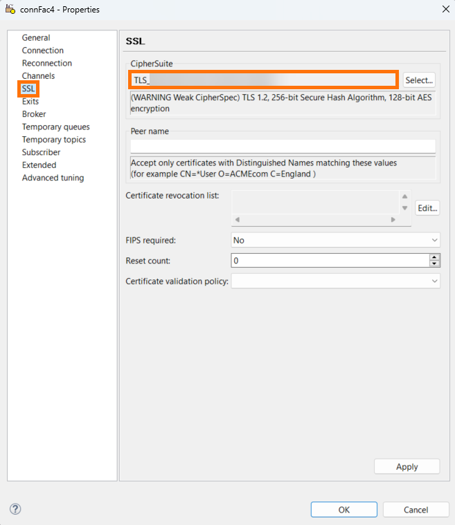 Dialog with SSL tab open and CipherSuite field selected